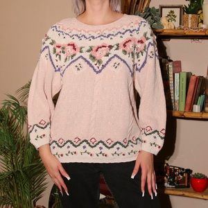 Vintage 1990s Venezia Hand Knit Floral Chunky Sweater